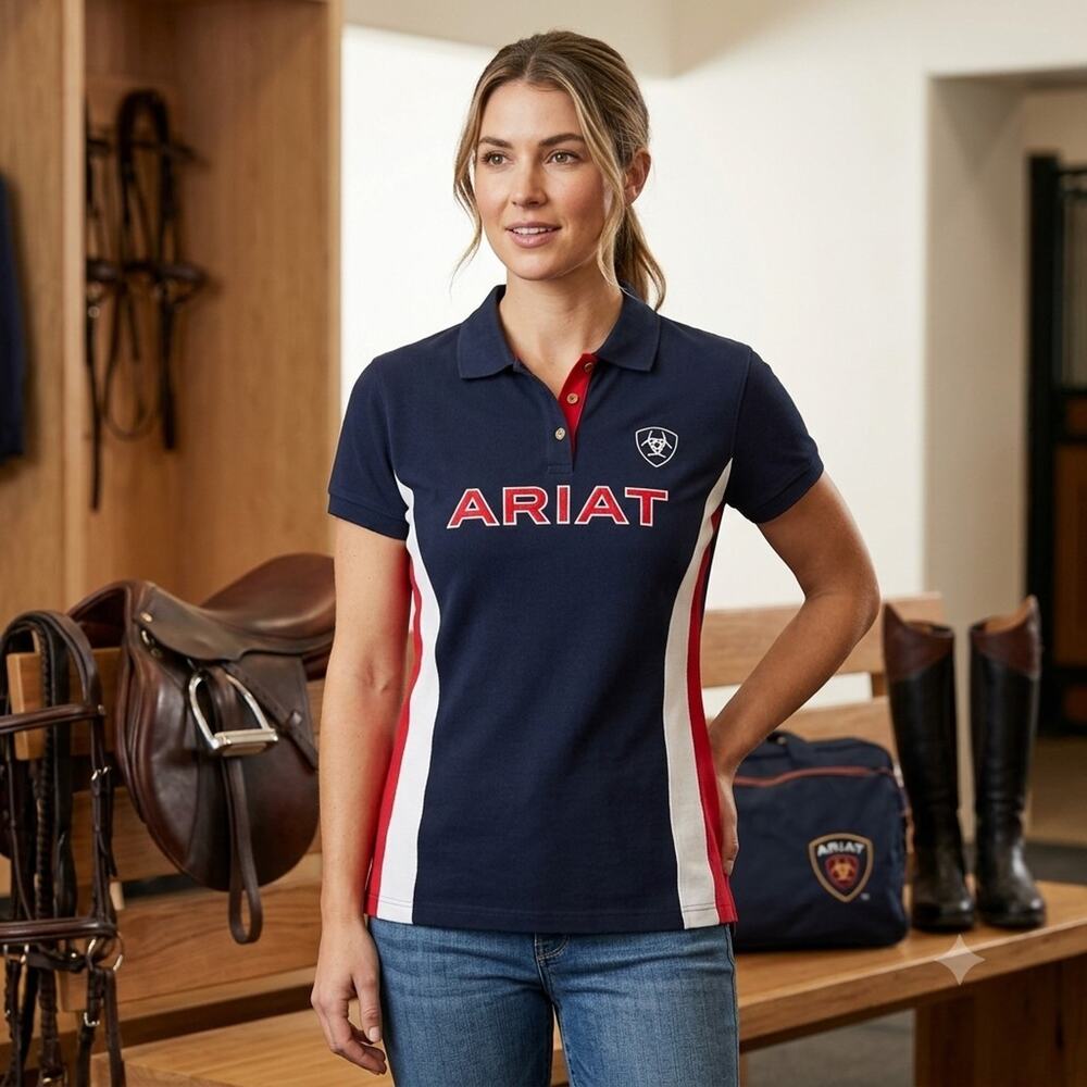 Ariat Womens L Team Polo Shirt Navy Red White Equestrian Logo NWT Cotton Blend